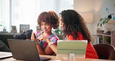 Buy stock photo Women, laptop and photographer with camera for small business, content creation or production at home. Female people, freelancers or remote workers with technology or app for online startup or media