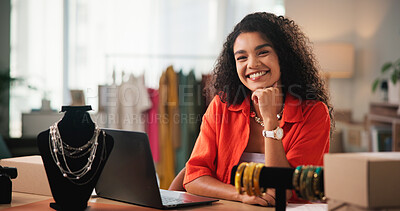 Buy stock photo Business, jewelry and portrait of woman with laptop for startup, designer and retail supplier. Happy, office and person with accessories for inventory, online ecommerce and shipping for boutique