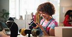 Happy woman, photographer or home with camera for jewelry business, fashion or digital marketing. Female person, freelancer or designer with technology for online startup or advertising at house