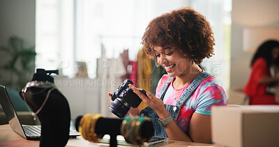 Buy stock photo Happy woman, photographer or home with camera for jewelry business, fashion or digital marketing. Female person, freelancer or designer with technology for online startup or advertising at house