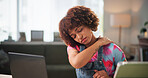 Woman, shoulder pain and injury with stress on laptop for burnout, fatigue or bad posture at home. Female person, freelancer or remote worker with ache or sore muscle for discomfort or pressure