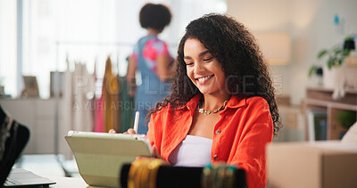 Buy stock photo Business, fashion designer and woman in workspace, tablet and smile with ecommerce. People, entrepreneur and store owner with fintech, online order and website info for company, boutique shop or app
