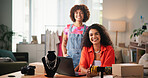 Fashion, smile and women with support, portrait and jewelry with ecommerce, confidence and cooperation. Face, people and entrepreneur in boutique store, laptop and teamwork with designers and pride