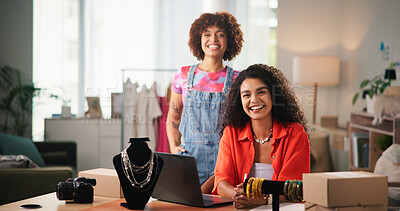 Buy stock photo Fashion, smile and women with support, portrait and jewelry with ecommerce, confidence and cooperation. Face, people and entrepreneur in boutique store, laptop and teamwork with designers and pride