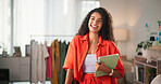 Portrait, fashion designer and woman in workspace, tablet and smile with website info for company. Person, entrepreneur and store owner with tech, online order and boutique shop with confidence