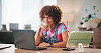 Woman, fashion designer and laptop with stress for material order, frustrated or glitch at workshop. Person, computer and confused with thinking for fabric shipping, supplier or check email at studio