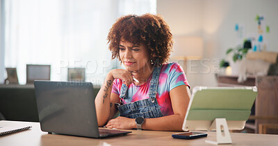 Buy stock photo Woman, fashion designer and laptop with stress for material order, frustrated or glitch at workshop. Person, computer and confused with thinking for fabric shipping, supplier or check email at studio