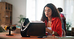 Startup, jewelry and woman with paperwork on laptop for small business, designer and retail supplier. Documents, office and person with accessories for inventory, ecommerce and shipping for boutique