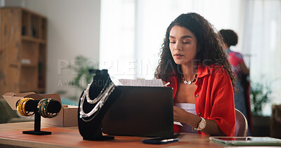 Buy stock photo Startup, jewelry and woman with paperwork on laptop for small business, designer and retail supplier. Documents, office and person with accessories for inventory, ecommerce and shipping for boutique
