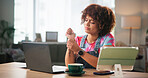 Woman, home and wrist pain with laptop or tablet for discomfort, stress or overworked strain. Female person, freelancer or remote worker with carpal tunnel syndrome or joint inflammation at house