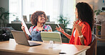 Happy women, documents and home with laptop for business project, report or online startup. Female people, creative designer or remote workers in discussion with technology for photography campaign