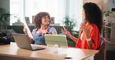 Buy stock photo Happy women, documents and home with laptop for project, surprise or task delegation. Female people, creative designer or remote workers with smile or technology for teamwork, app or content creation