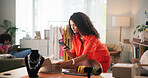 Woman, fashion designer and phone with boxes for shipping with packaging, e commerce or check order on web. Person, smartphone and contact for online shopping, app or stock for logistics at workshop