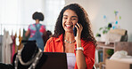 Woman, fashion designer and happy for phone call by computer with excited for deal, material and discount. Person, pc and smile with contact, online shopping and sale for fabric with talk at studio