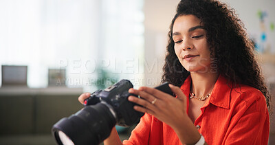 Buy stock photo Woman, photographer and camera with capture for editing, retouch or online content creation. Female person, freelancer or remote worker with technology or lens for picture quality or small business