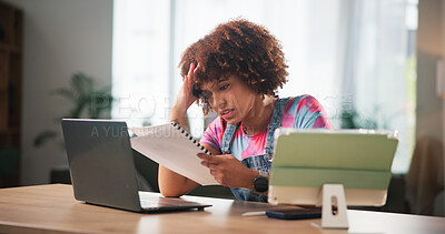Buy stock photo Frustrated woman, laptop and documents with stress for debt review, missed payment or bills at home. Female person, bankruptcy or freelancer with paperwork for financial crisis or expenses at house