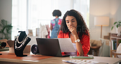 Buy stock photo Startup, jewelry and woman with documents on laptop for small business, ecommerce and finance report. Accessory designer, office and stressed person with paperwork, bills and debt review in boutique