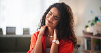 Frustrated woman, neck injury and pain with stress for muscle tension or inflammation at home. Female person, freelancer or creative designer with sore ache or strain for overworked pressure at house
