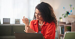 Frustrated, business woman and laptop with wrist pain for injury, carpal tunnel syndrome or arthritis. Female person, freelancer or remote worker with sore hand for joint inflammation or tense muscle