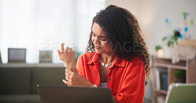 Buy stock photo Frustrated, business woman and laptop with wrist pain for injury, carpal tunnel syndrome or arthritis. Female person, freelancer or remote worker with sore hand for joint inflammation or tense muscle