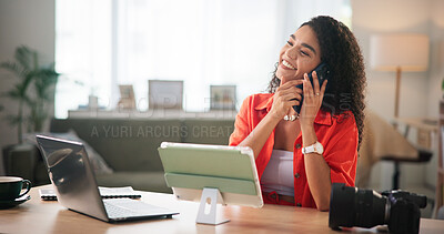 Buy stock photo Phone call, photographer and smile with woman in office for catalog editor, client briefing or communication. Photography review, content creation and remote worker with person and laptop at home