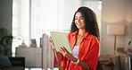Woman, fashion designer and happy with tablet at workshop with search for material, deal and discount on web. Person, pc and excited for lead with online shopping for fabric, sale and app at studio