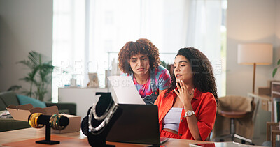 Buy stock photo Startup, jewelry and women with paperwork on laptop for small business, designer and retail supplier. Documents, office and people with accessories for inventory, planning and shipping for boutique