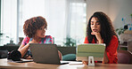 Women, designers and discussion with tablet or laptop for content creation, photography or production at home. Female people, remote workers and freelancers with technology or app for online business