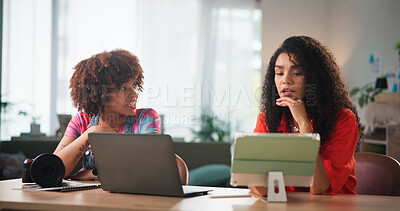 Buy stock photo Women, designers and discussion with tablet or laptop for content creation, photography or production at home. Female people, remote workers and freelancers with technology or app for online business