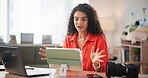Happy woman, influencer or video call with tablet for recording, streaming or vlog at home. Female person, photographer or content creator with technology for online tutorial or introduction at house