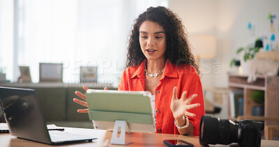 Buy stock photo Happy woman, influencer or video call with tablet for recording, streaming or vlog at home. Female person, photographer or content creator with technology for online tutorial or introduction at house