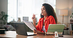 Woman, thinking or laptop with documents for small business finance, budget or expenses at home. Female person, freelancer or remote worker in wonder or thought for financial cost or startup at house