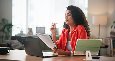 Buy stock photo Woman, thinking or laptop with documents for small business finance, budget or expenses at home. Female person, freelancer or remote worker in wonder or thought for financial cost or startup at house