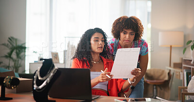 Buy stock photo Startup, jewelry and women with documents on laptop for small business, designer and retail supplier. Meeting, office and people with accessories for inventory, ecommerce and shipping for boutique