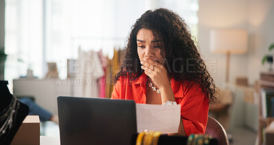 Buy stock photo Woman, fashion designer and laptop with stress with document, mistake or price error with e commerce. Person, computer and confused with thinking for order, supply chain or logistics crisis at studio