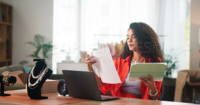Buy stock photo Business, jewelry and woman with documents on laptop for startup, designer and retail supplier. Paperwork, office and person with accessories for inventory, ecommerce and shipping for boutique
