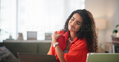 Buy stock photo Frustrated, business woman and laptop with shoulder pain for injury, bad posture or stress at home. Female person, freelancer or remote worker with sore ache for joint inflammation or muscle tension