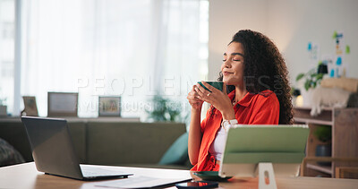 Buy stock photo Coffee, laptop and tablet with happy woman in office of small business for break as creative. Computer, development and startup with freelance designer drinking caffeine beverage at work to relax