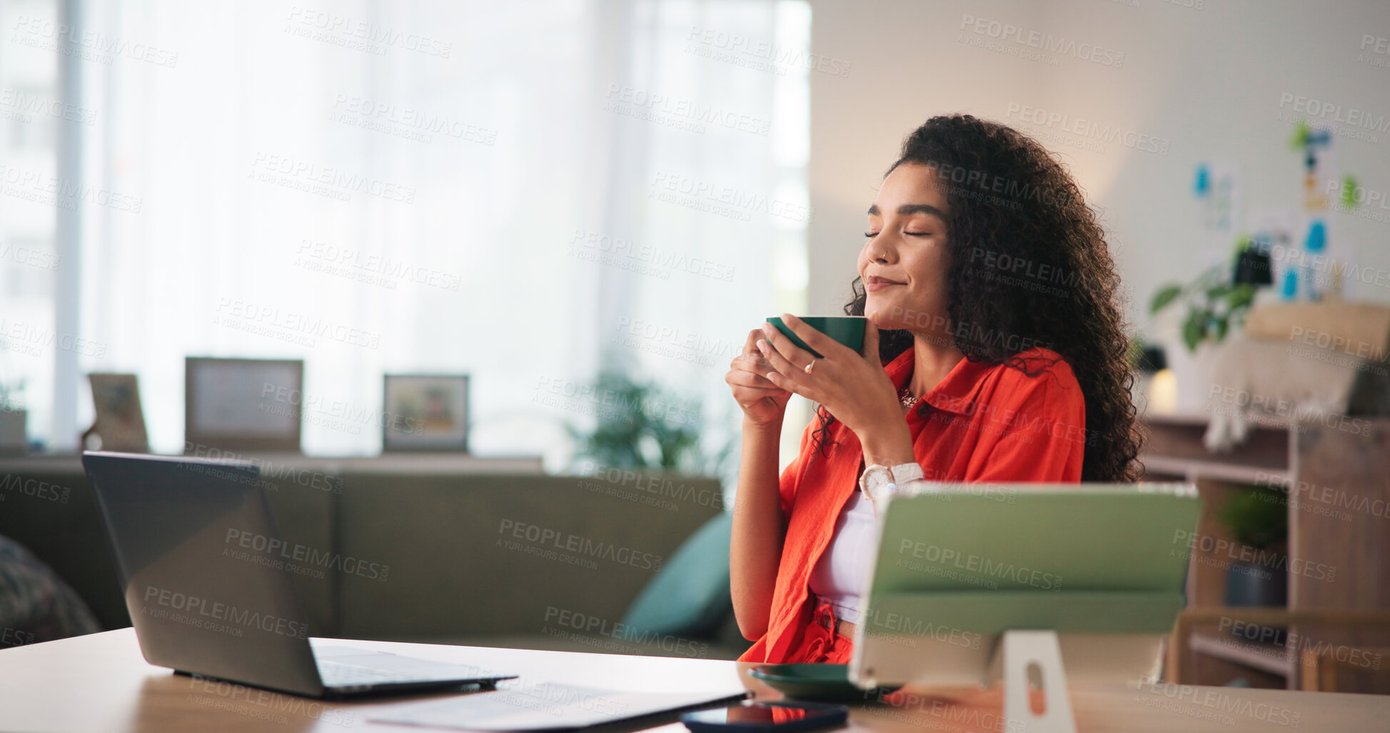 Buy stock photo Coffee, laptop and tablet with happy woman in office of small business for break as creative. Computer, development and startup with freelance designer drinking caffeine beverage at work to relax
