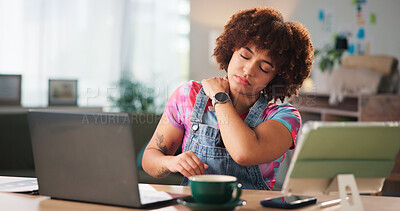 Buy stock photo Frustrated woman, neck injury and pain with laptop, stress or discomfort for bad posture at home. Female person, ache or sore shoulders with computer or technology for overworked pressure or strain