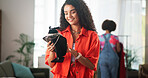 Happy woman, jewelry designer and small business with merchandise or fashion accessory at home. Female person, seller or shop owner with stylish piece or necklace for trinket or online store at house