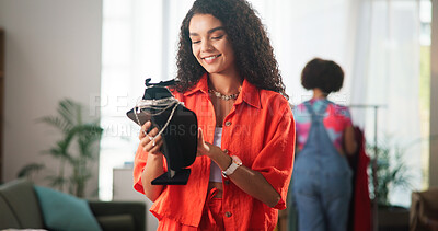 Buy stock photo Happy woman, jewelry designer and small business with merchandise or fashion accessory at home. Female person, seller or shop owner with stylish piece or necklace for trinket or online store at house