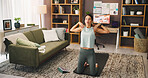 Meditation, breathing and woman with mindfulness, tablet and self awareness in morning, videos and zen. Stress relief, calm and person with routine for health, spiritual and tech for tips in house