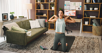 Buy stock photo Meditation, breathing and woman with mindfulness, tablet and self awareness in morning, videos and zen. Stress relief, calm and person with routine for health, spiritual and tech for tips in house