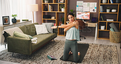 Buy stock photo Meditation, stretching and woman with tablet, calm and self awareness in morning, wellness and digital. House, mindfulness and person with tech for routine, spiritual or tips on web for stress relief