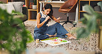 Home, painting and woman on floor, creative development and inspiration with artistic expression. Mature person, relax and painter on ground, brushes and canvas with freelance designer and project
