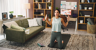 Buy stock photo Meditation, breathing and woman with tablet, zen and self awareness in morning, wellness and digital. House, mindfulness and person with tech for routine, spiritual and tips on web for stress relief