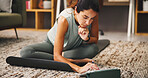 Home, yoga and woman with tablet, thinking or fitness with digital app to track progress. Health, relax or mature person with technology, balance or meditation with wellness, internet or connection
