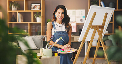 Buy stock photo Portrait, woman and smile with artist painting for creative process, canvas design and craft project. Happy, female person and paint brush with pride, watercolor and talent with art activity at house