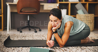 Buy stock photo Home, yoga and woman with tablet, fitness or balance with website for morning routine. Track progress, relax or mature person on mat, tech or app with wellness, zen or stress relief with social media